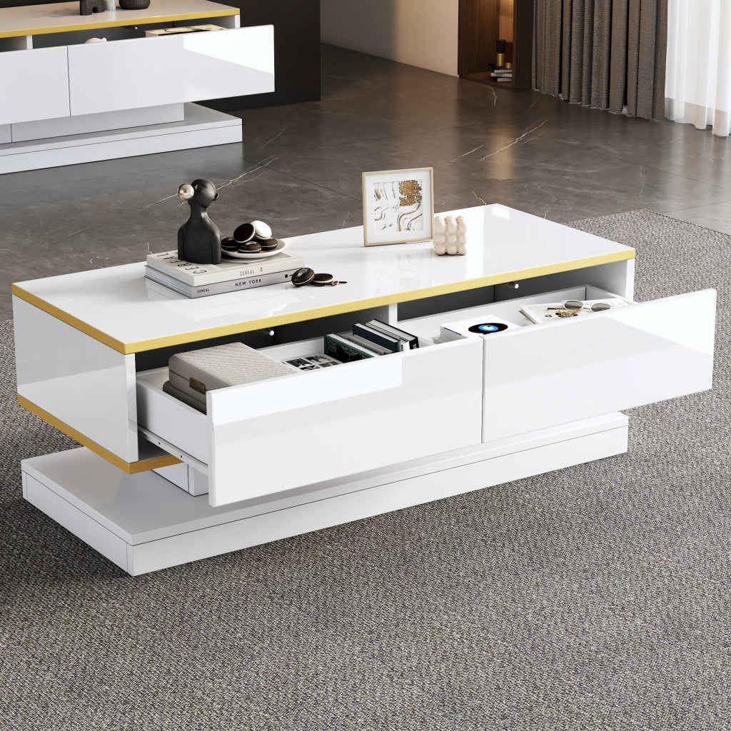 TAVOLINO DA SALOTTO 100 x 50 x 38 cm Bianco caldo con bordi oro e 2 cassetti