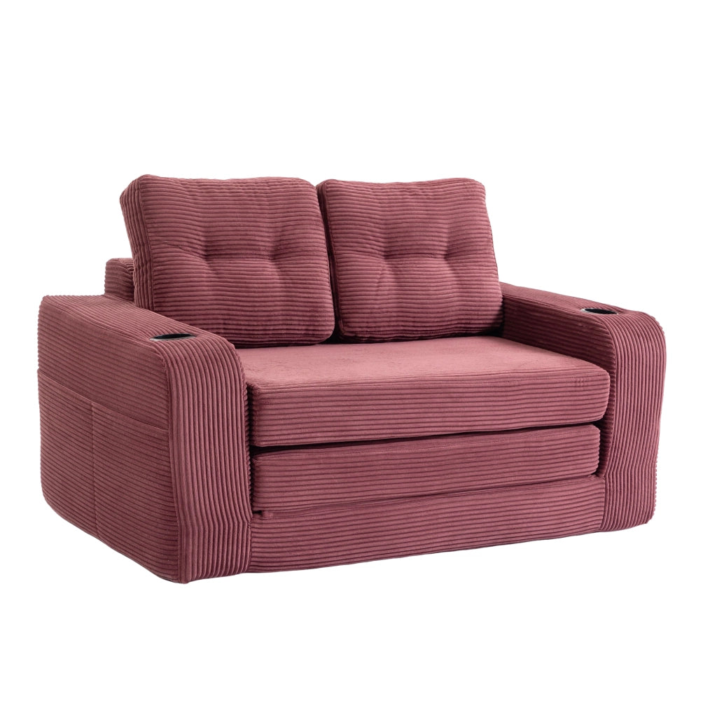 Divano modulare a 2 posti in velluto a coste con portabicchieri e tasche laterali; per soggiorno; 136 × 80 × 82.5 cm