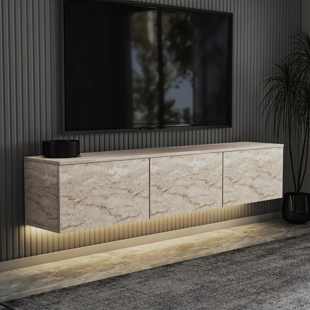Carosino, Mobile Porta tv 3 Vani, 160x32x35h cm Beige Marmo
