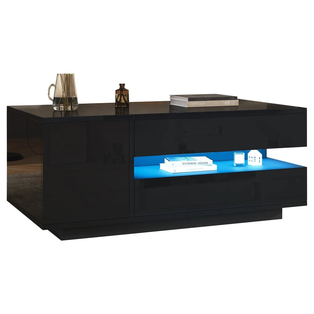 Tavolino da Caff¨¨ Sollevabile con LED, Cassetto e Vano ¨C MINIMAL ¨C Nero Lucido 95x50x40