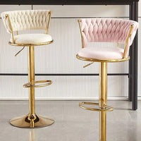 Set 2 Sgabelli Cucina Bar Schienale Intrecciato in Velluto Beige Struttura Oro