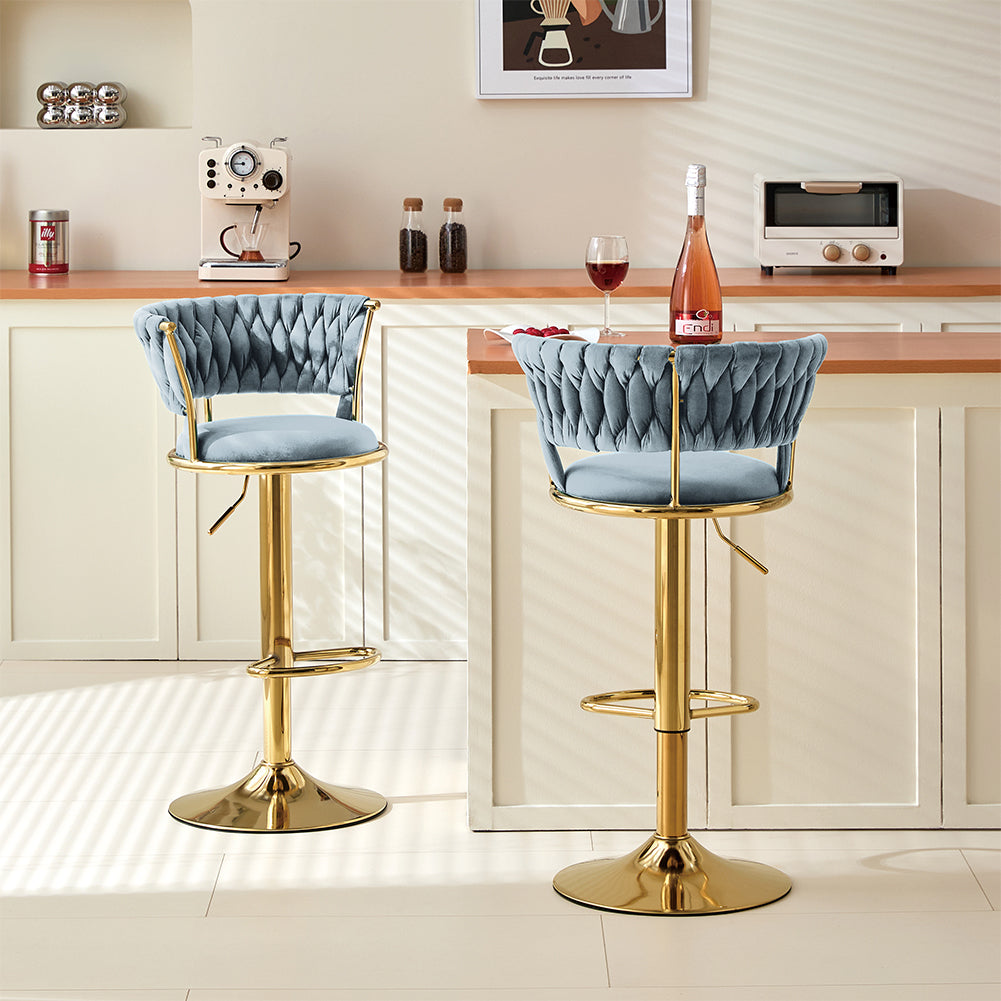 Set 2 Sgabelli Cucina Bar Schienale Intrecciato in Velluto Grigio Struttura Oro