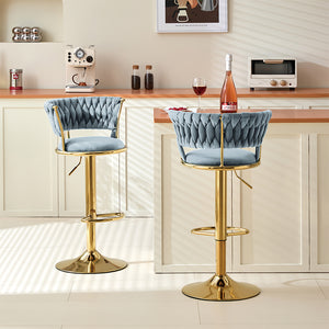 Set 2 Sgabelli Cucina Bar Schienale Intrecciato in Velluto Grigio Struttura Oro