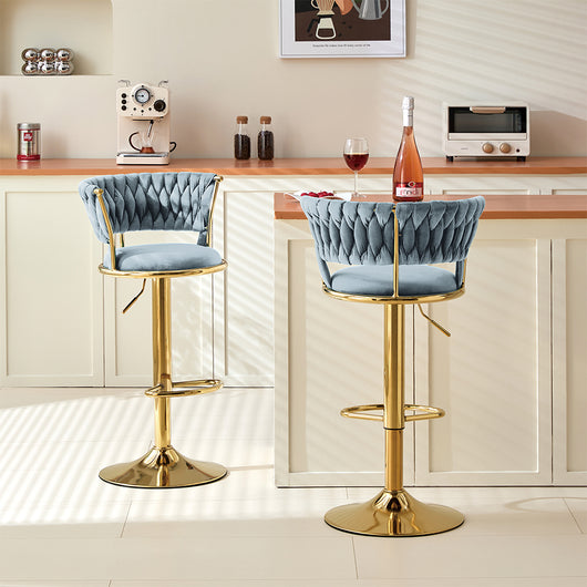 Set 2 Sgabelli Cucina Bar Schienale Intrecciato in Velluto Grigio Struttura Oro