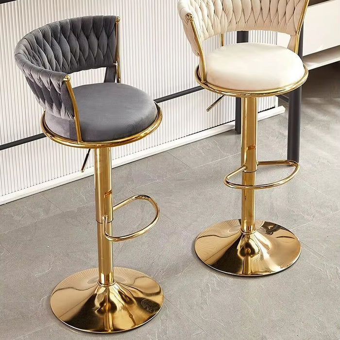 Set 2 Sgabelli Cucina Bar Schienale Intrecciato in Velluto Grigio Struttura Oro