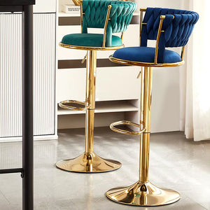 Set 2 Sgabelli Cucina Bar Schienale Intrecciato in Velluto Blu e Struttura Oro