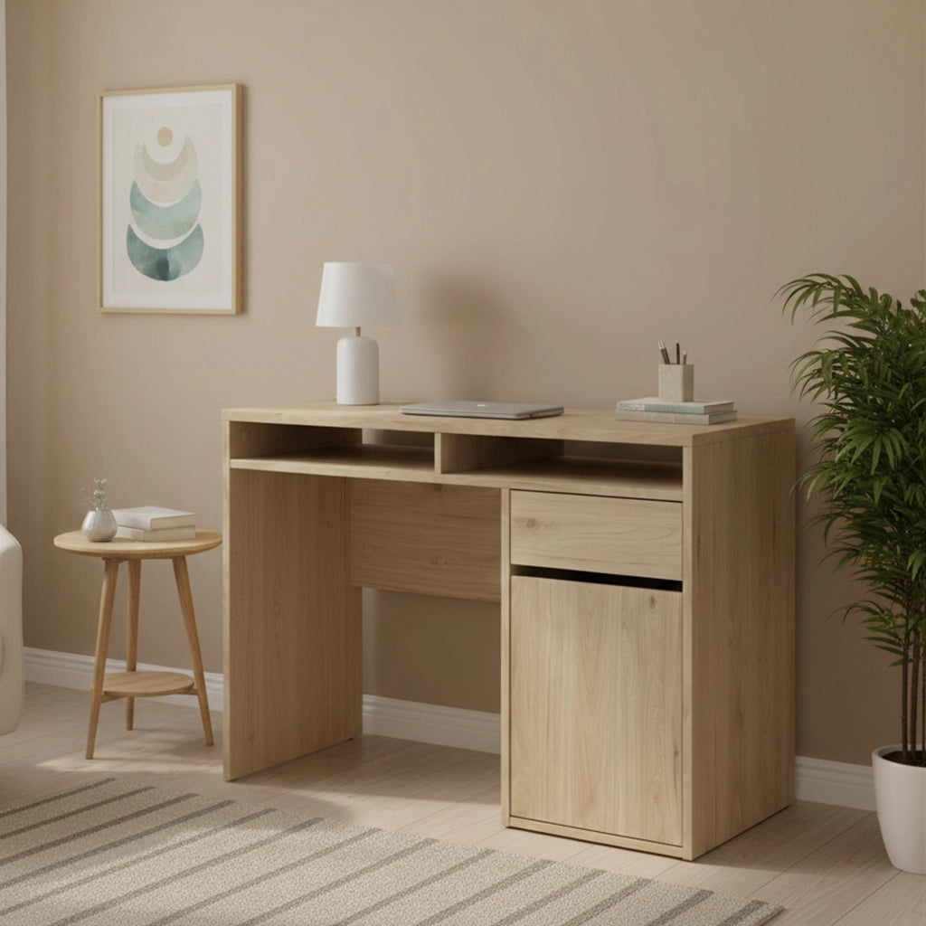 Scrivania Abbadu, Scrittoio multiuso, Tavolo per ufficio porta PC, Piano di lavoro, 110x48 h77 cm, Rovere
