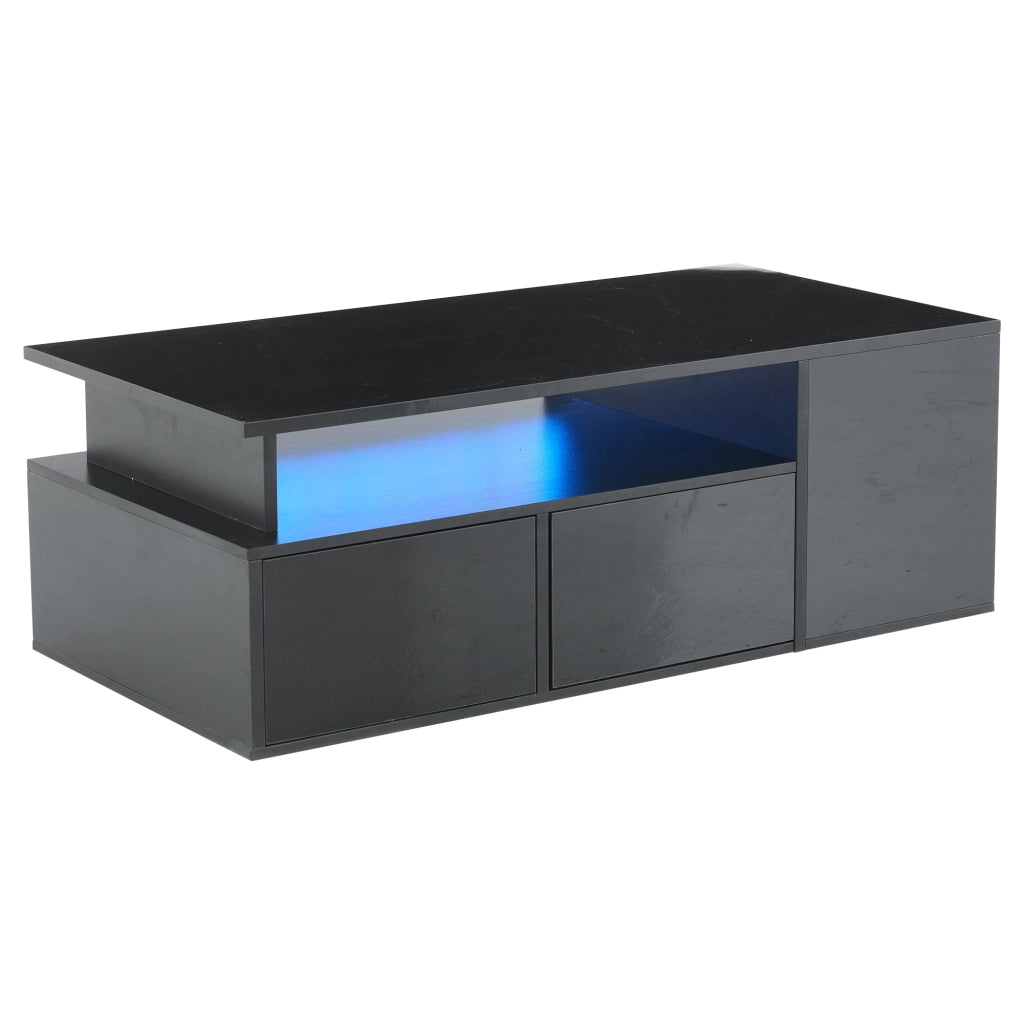 OKWISH Tavolino da Salotto con 2 Cassetti, 1 Vano Aperto e 3 Scomparti, LED, per Soggiorno, Pannello di Truciolato, 100 x 50 x 35 cm