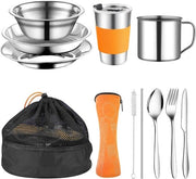 Set di Cucina da Campeggio 10 pezzi in Arancione - Utensili da Campeggio, Utensili da Campo, Set di Utensili con Forchette, Cucchiai e Bicchieri - Servizio da Esterno per Viaggi all'Aperto e Campeggio