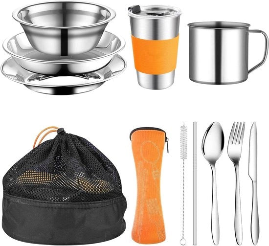 Set di Cucina da Campeggio 10 pezzi in Arancione - Utensili da Campeggio, Utensili da Campo, Set di Utensili con Forchette, Cucchiai e Bicchieri - Servizio da Esterno per Viaggi all'Aperto e Campeggio
