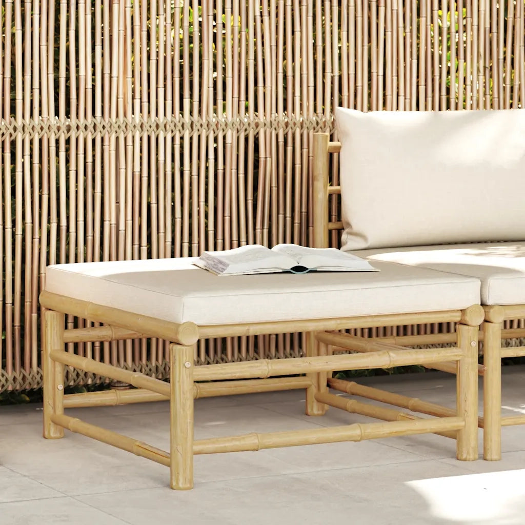 Poggiapiedi da Giardino con Cuscino Bianco Crema in Bambù 313147