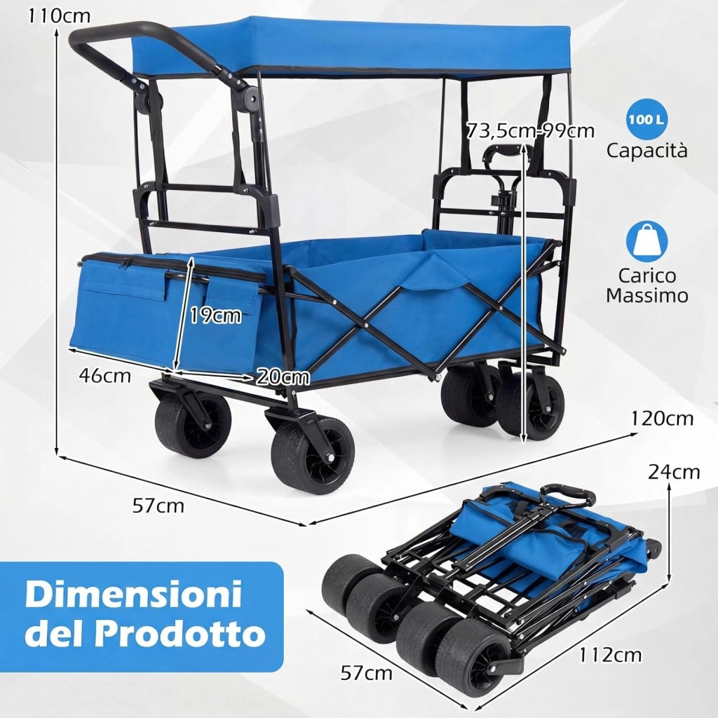 Carrello Pieghevole con Tetto, Carrello Trasportabile con Maniglia Regolabile, Borsa Portaoggetti e Ruote Grandi, Carrello da Giardino Capacità 100L, per Campeggio e Animali Domestici (Blu)