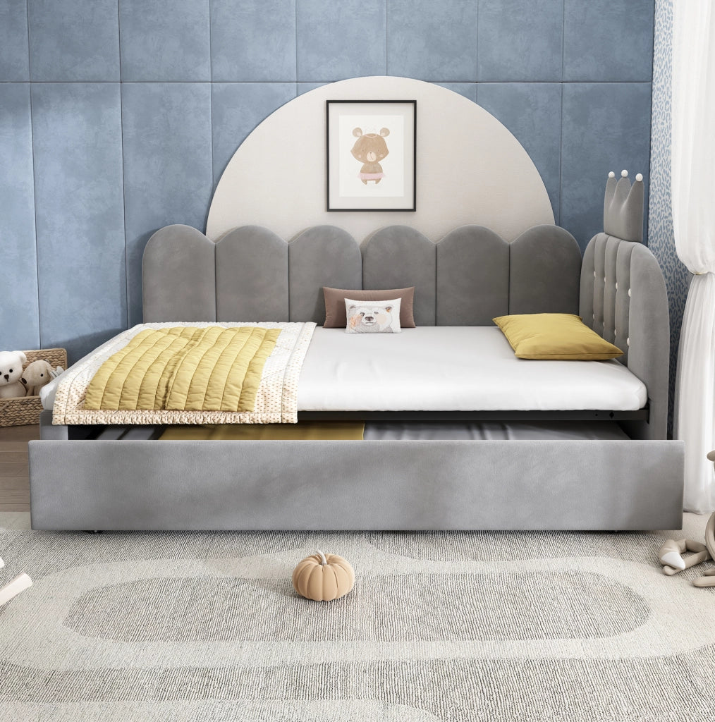 Letto estraibile a L con testiera a corona, velluto grigio