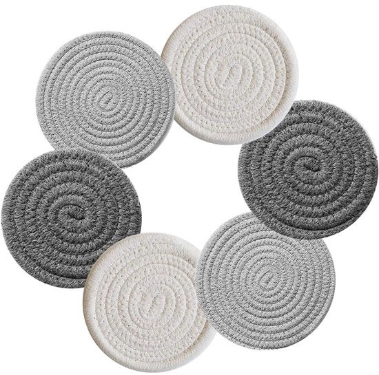 Onderzetters decorativi a vetro intrecciato, set da 6, sotto piatti, sotto bicchieri, sotto tazze, sotto calici, sotto coppe, set da 6, 11 cm (2*bianco + 2*grigio scuro + 2*grigio chiaro)