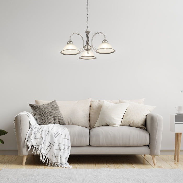 Lampadario Contemporaneo American Dinner Acciaio Argento Vetro 3 Luci E27