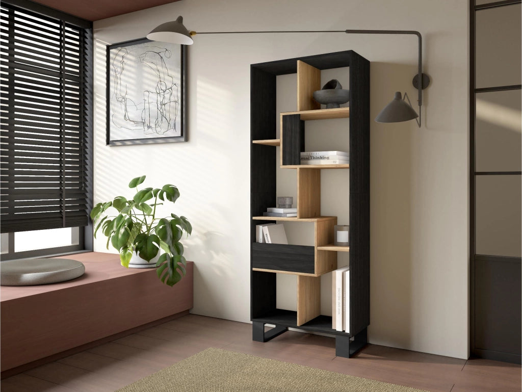 Libreria scaffale, 174x67x31, Design industriale, Nero e rovere RF4120