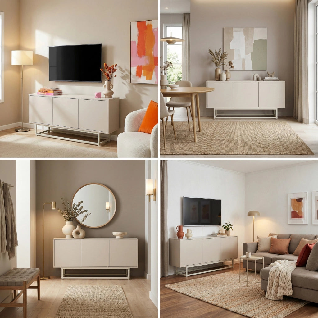 Armadietto Boxholm Credenza Bassa con 3 Ante Push-Open 120x30x55 cm Avena Oatmeal [en.casa]