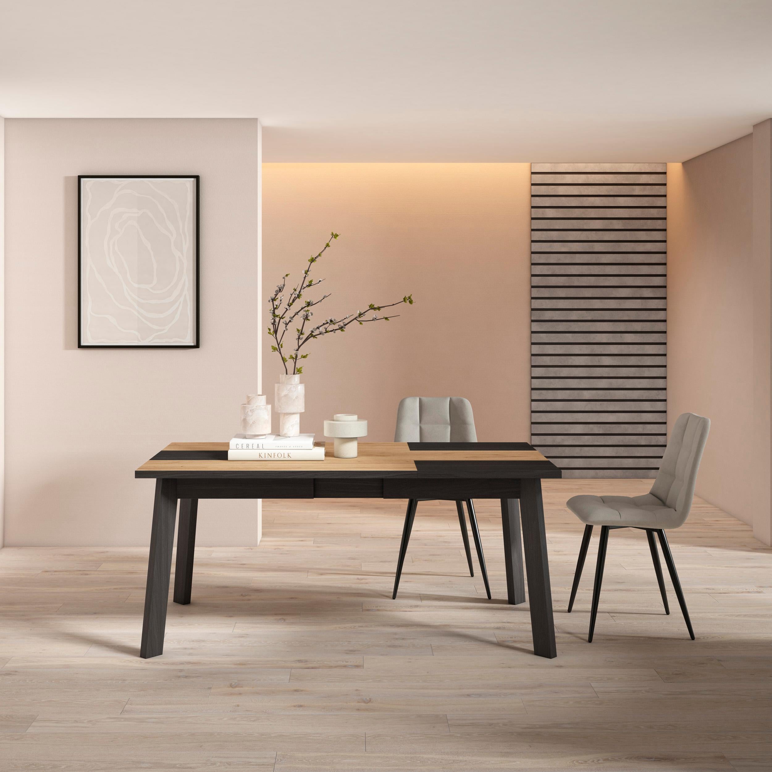 Tavolo da Pranzo, 168x90x74cm, Per 8 persone, Gambe in legno, colore Rovere e nero RF2882