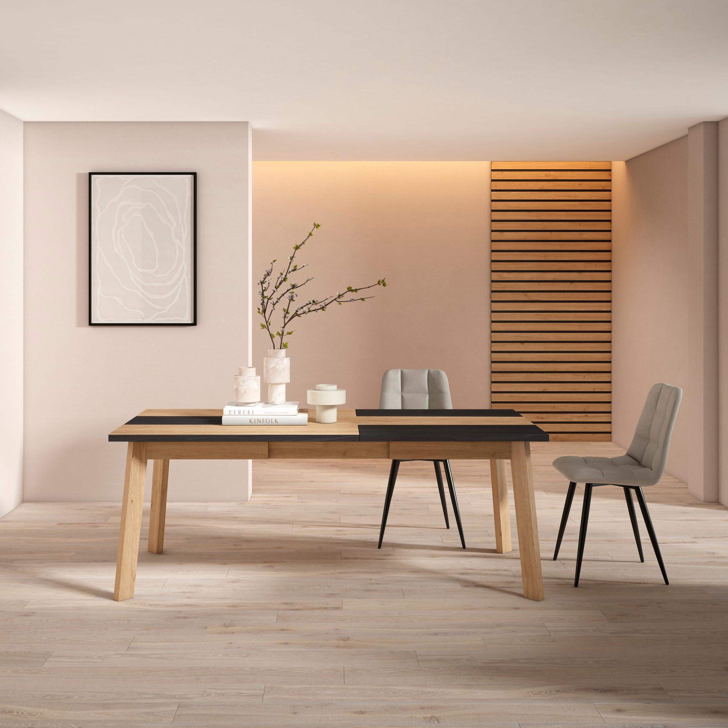 Tavolo da Pranzo, 194x90x74cm, Per 10 persone, Gambe in legno, colore Rovere e nero RF2910