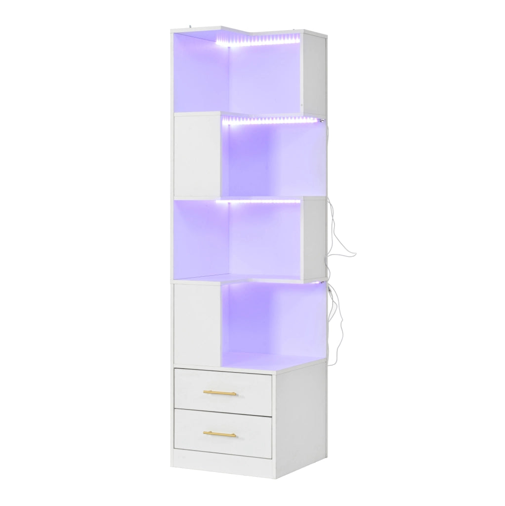 Scaffale angolare bianco con LED, 4 ripiani e 2 cassetti, 165x45x45 cm