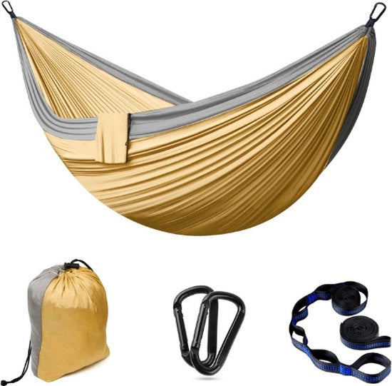Hangmat da Esterno per Campeggio XXL - 2 Persone - 300x200cm - Hangmat Ultraleggera Portatile - fino a 300 kg - Doppia Hangmat - con Tasca da Carico e Accessori - Khaki Grigio