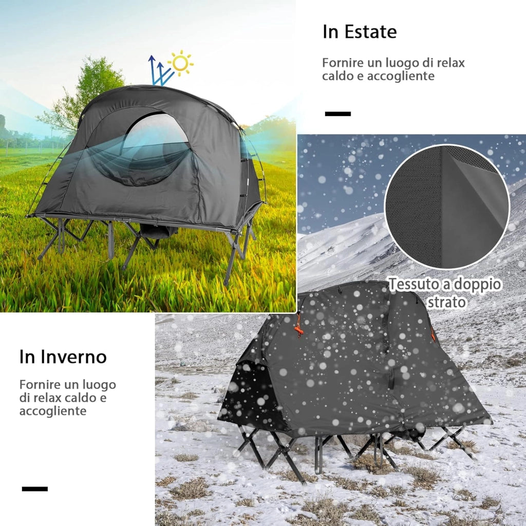 4 in 1 Tenda da Campeggio Rialzata per 2 Persone, Letto Brandina da Campeggio Pieghevole con Materasso Gonfiabile Automatico, Tenda a Doppio Strato Impermeabile e Antivento con Borsa