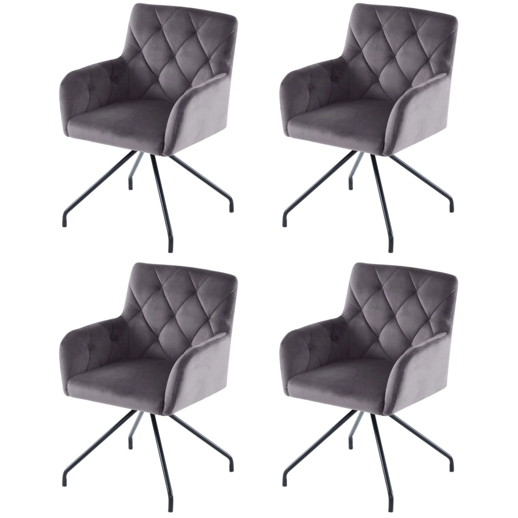Set di 4 sedie da pranzo imbottite con braccioli in velluto grigio scuro e gambe in metallo