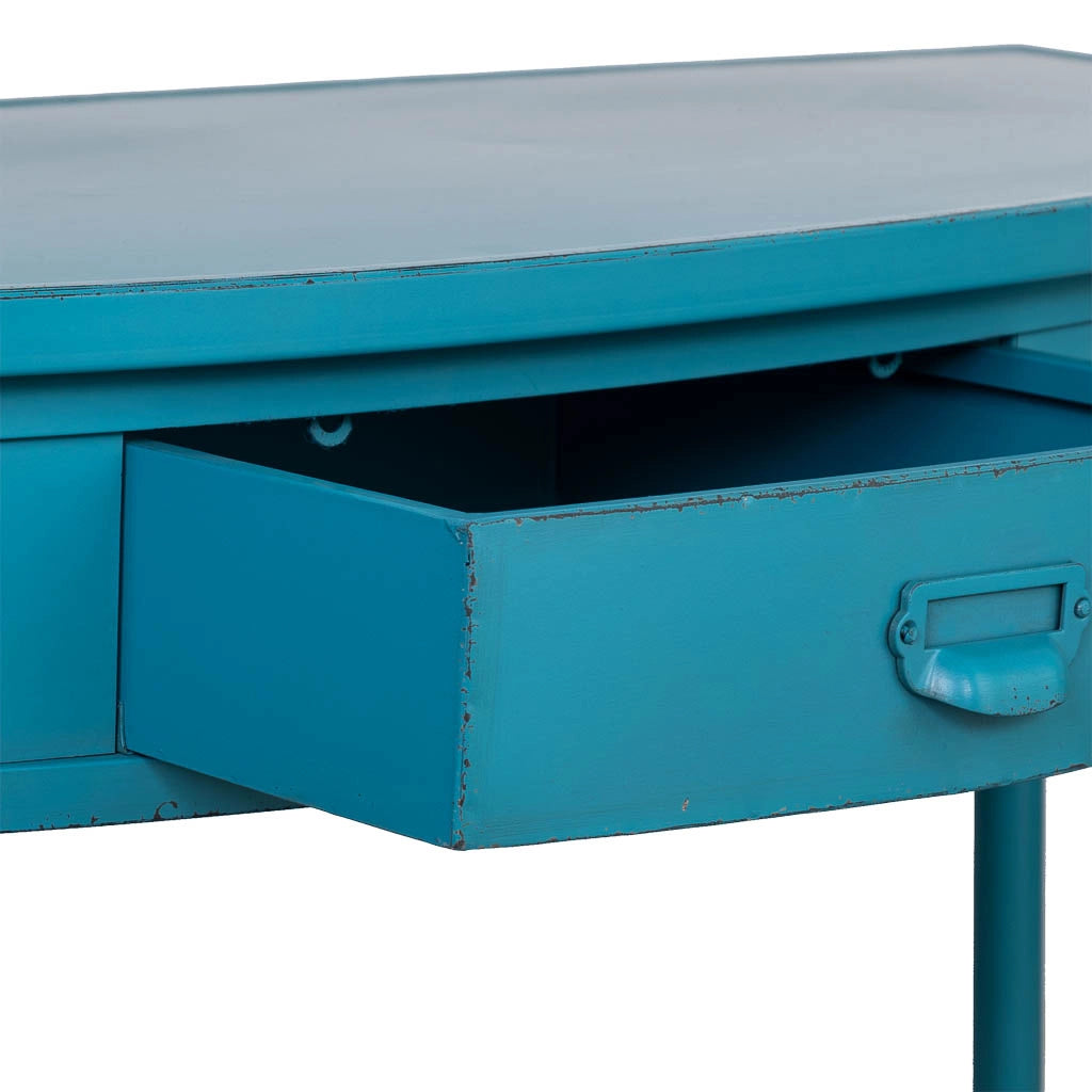 Console in metallo con 1 cassetto blu invecchiato 120x44x80