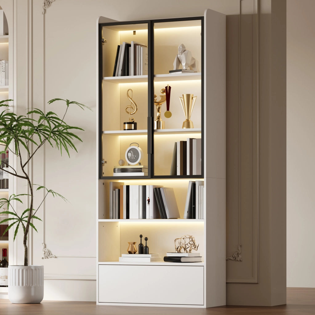Vetrina alta 80x34x180 cm con 1 cassetto; ante in vetro e LED; bianco