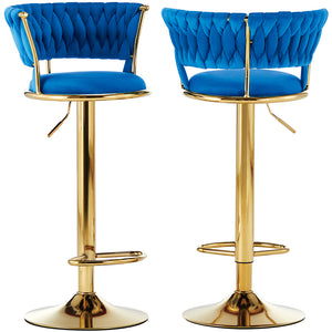 Coppia Sgabelli da Cucina Bar Schienale Intrecciato Velluto e Struttura Oro Blu