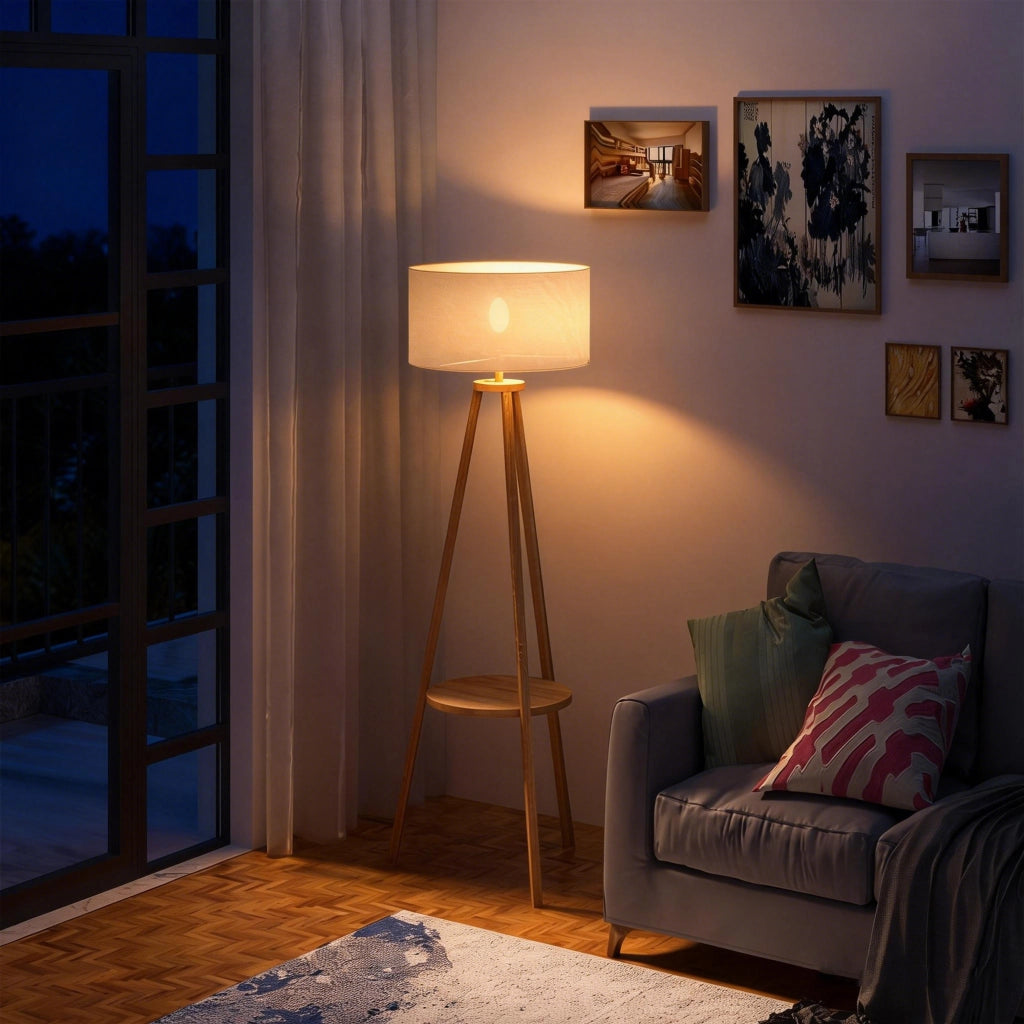 Lampada da terra ¨C zephmum ¨C struttura in legno naturale, paralume in tela beige, ripiano integrato 50x50x154 cm