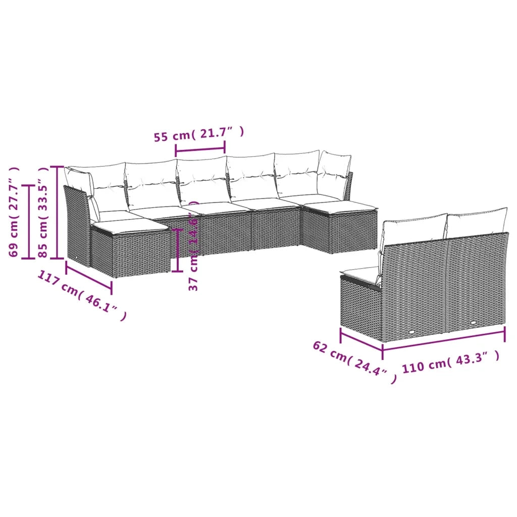 Set Divano da Giardino 10 pz con Cuscini Grigio in Polyrattan