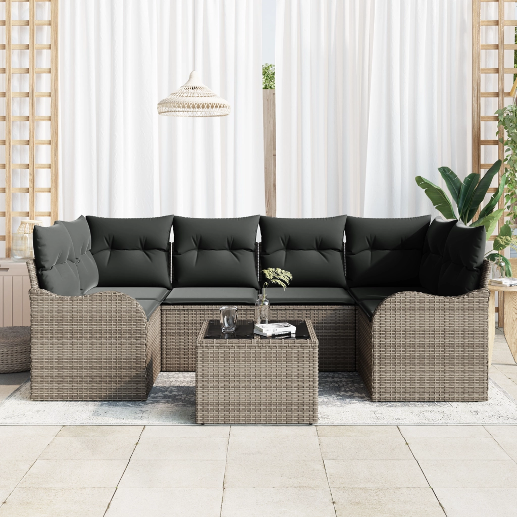 Set di Divani da Giardino 7 Pezzi con Cuscini Grigio Polyrattan