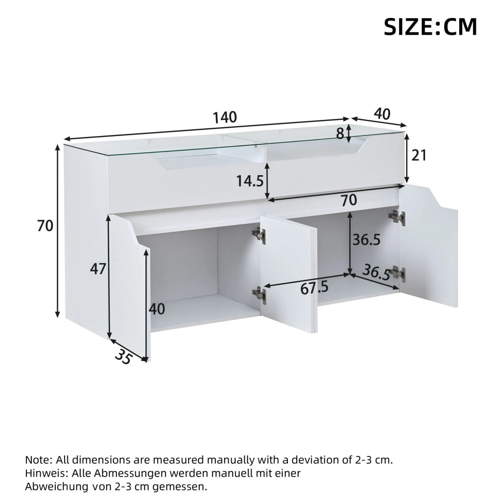 Credenza bianca 140x40x70 cm con LED, vetro e 2 cassetti