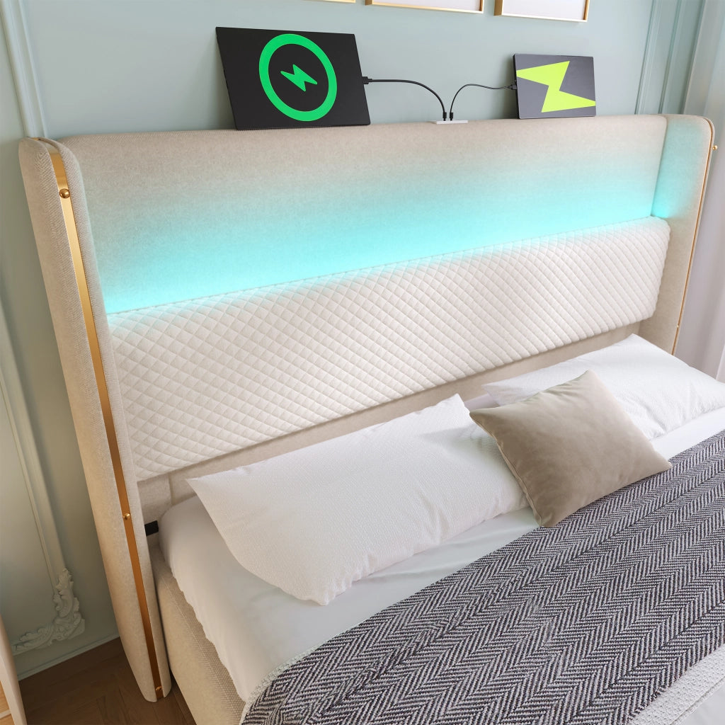LETTO matrimoniale idraulico 180x200 cm beige in lino con LED e porte USB/Type-C