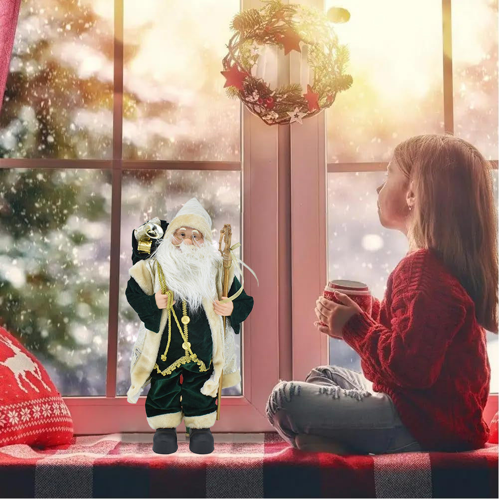 Statuina Babbo Natale Verde Statuetta 80 cm Vestiti in Tessuto Addobbo Natalizio