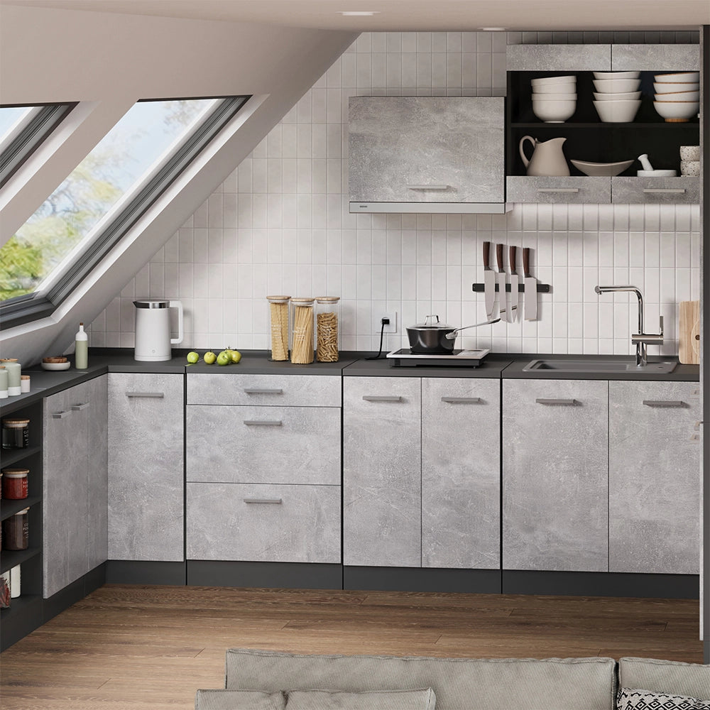 Mobile cucina sottotetto R-Line Calcestruzzo/Antracite 60 cm senza inclinazione con 3 cassetti Vicco