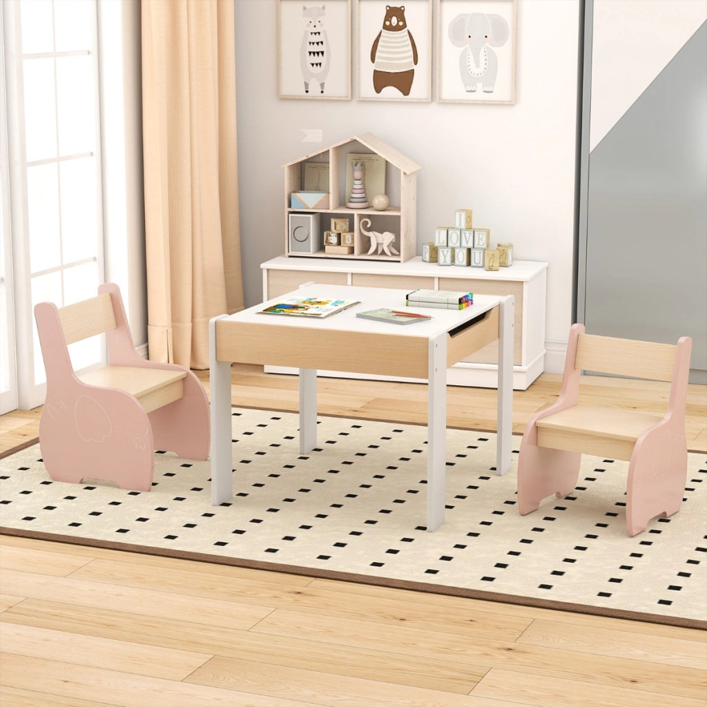 Tavolo sedie ragazzi lavagna rimovibile e scaffale bambini legno 2 livelli-Set tavolo sedie bambini e libreria legno bambini