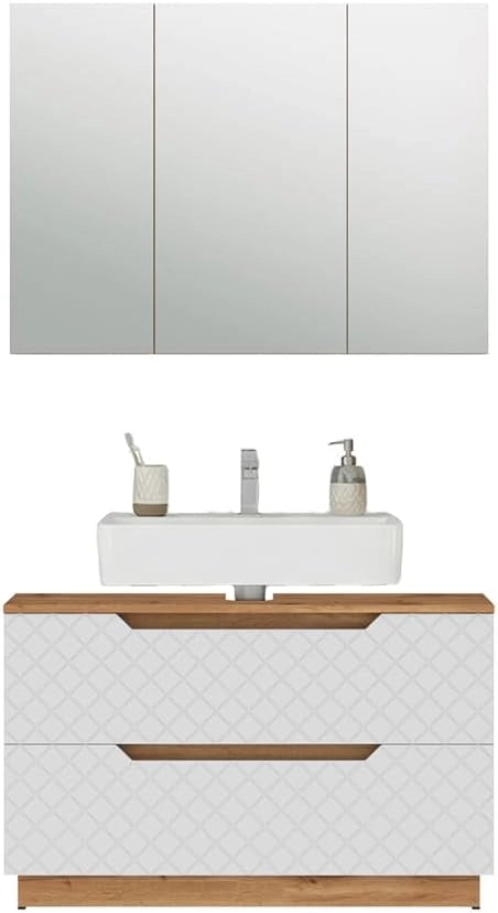 Set di mobili da bagno Lotta, Rovere/bianco con struttura in piastrelle, 2 parti