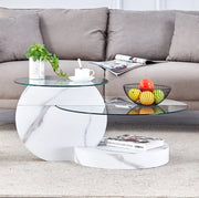 Tavolino basso bianco in MDF e vetro con ripiani sfalsati da 50 e 70 cm