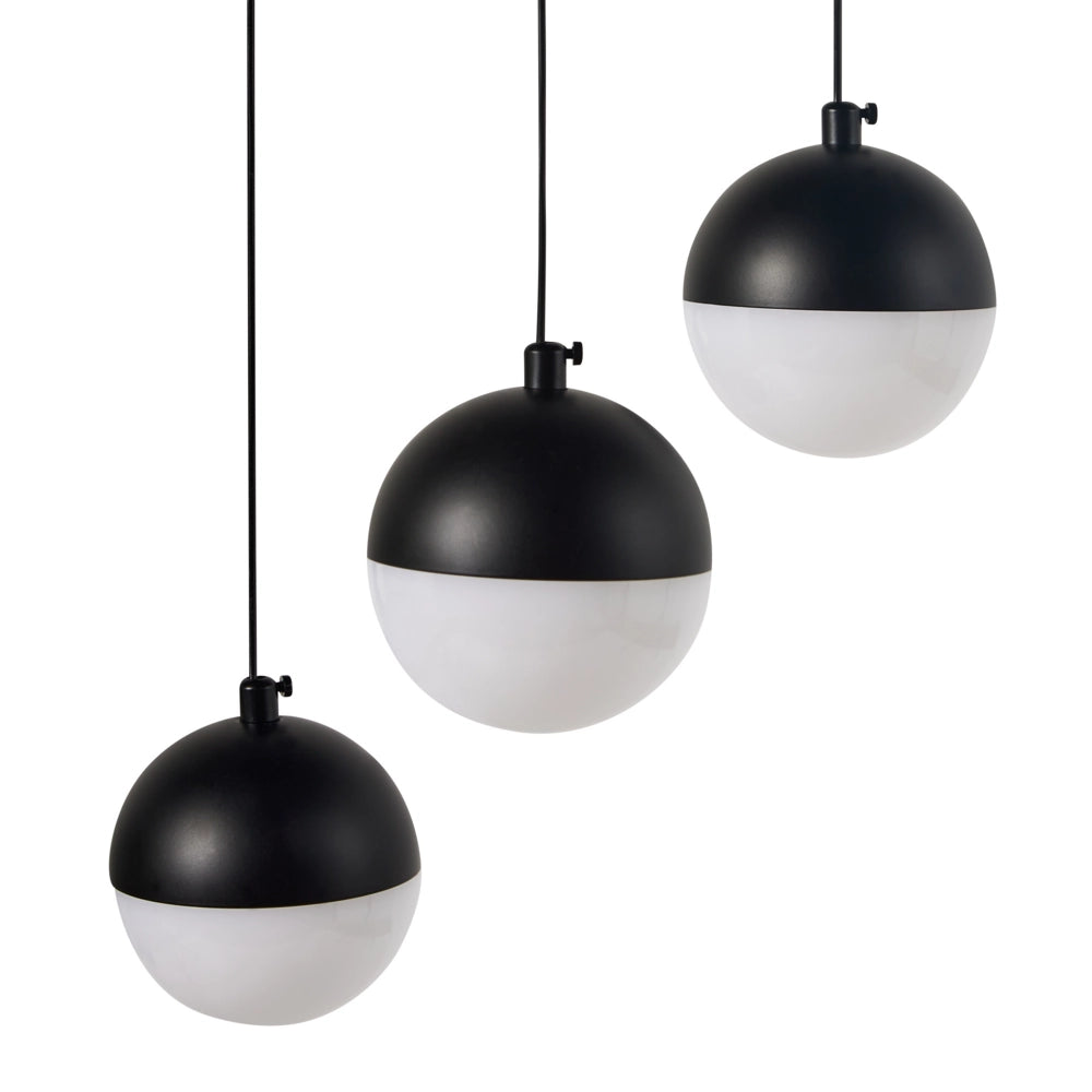 Lampadario con  3 luci LED integrate paralume rotondo metallo verniciato vetro nero stile moderno