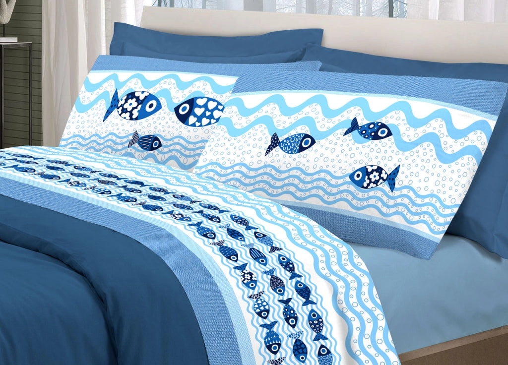 Completo Lenzuola Linea Pensieri Delicati 100% Cotone Disegno Pesciolini - Singolo - Blu