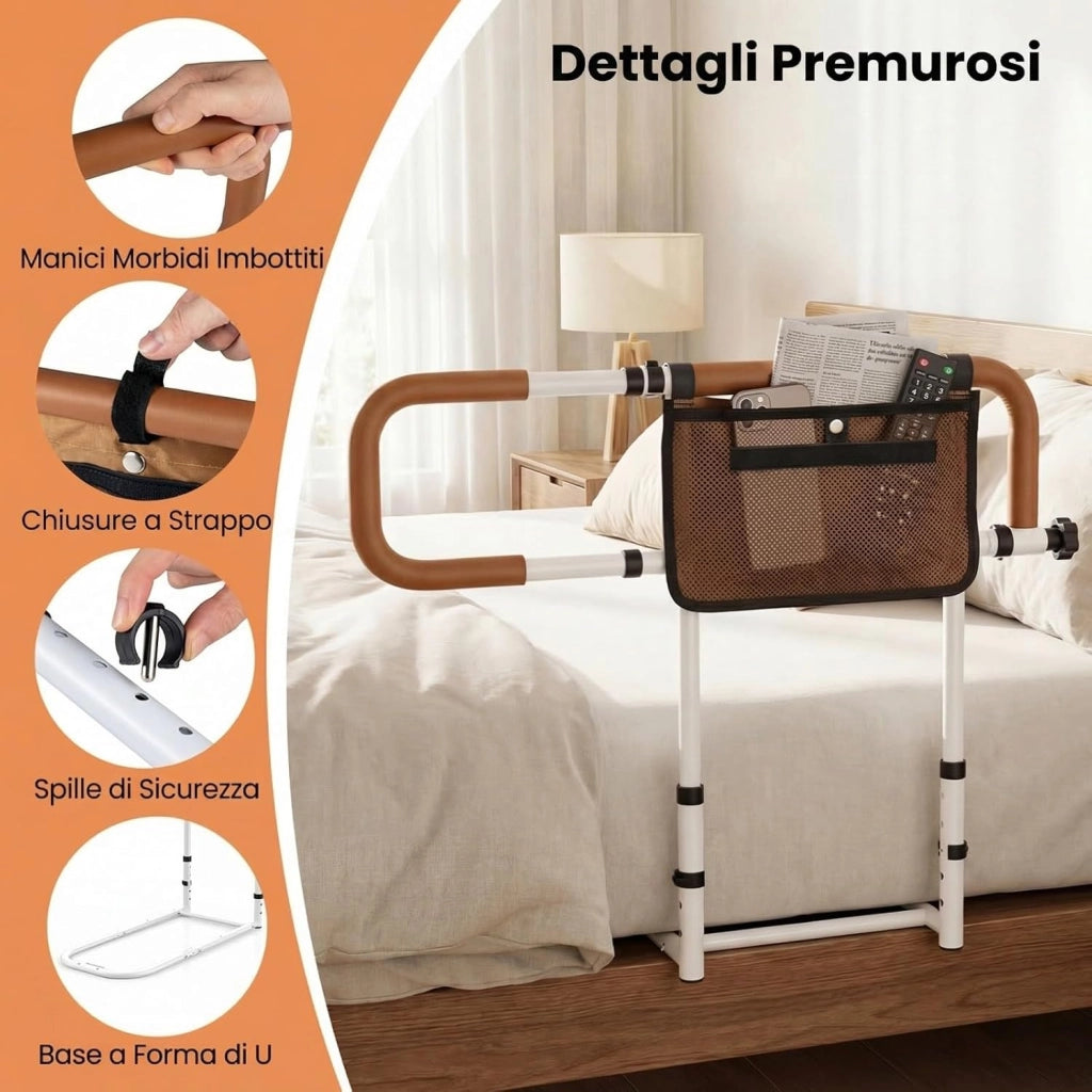 Sponda Letto Anziani Anticaduta, Regolabile, Pieghevole, Adatta Letti Queen, Maniglie Imbottite, Tasca Rimovibile, Base a U, Supporto 136 kg (Marrone)