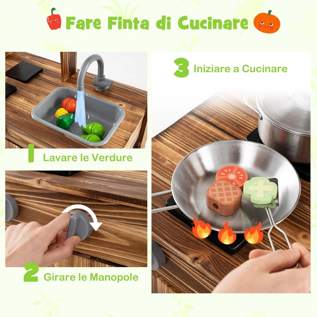Cucina Giocattolo da Giardino con Lavagna, Cucina in Legno di Abete per Bambini con 4 Vasi da Giardinaggio, Fornelli 4 Accessori per Cucinare, 68 x 35 x 97 cm