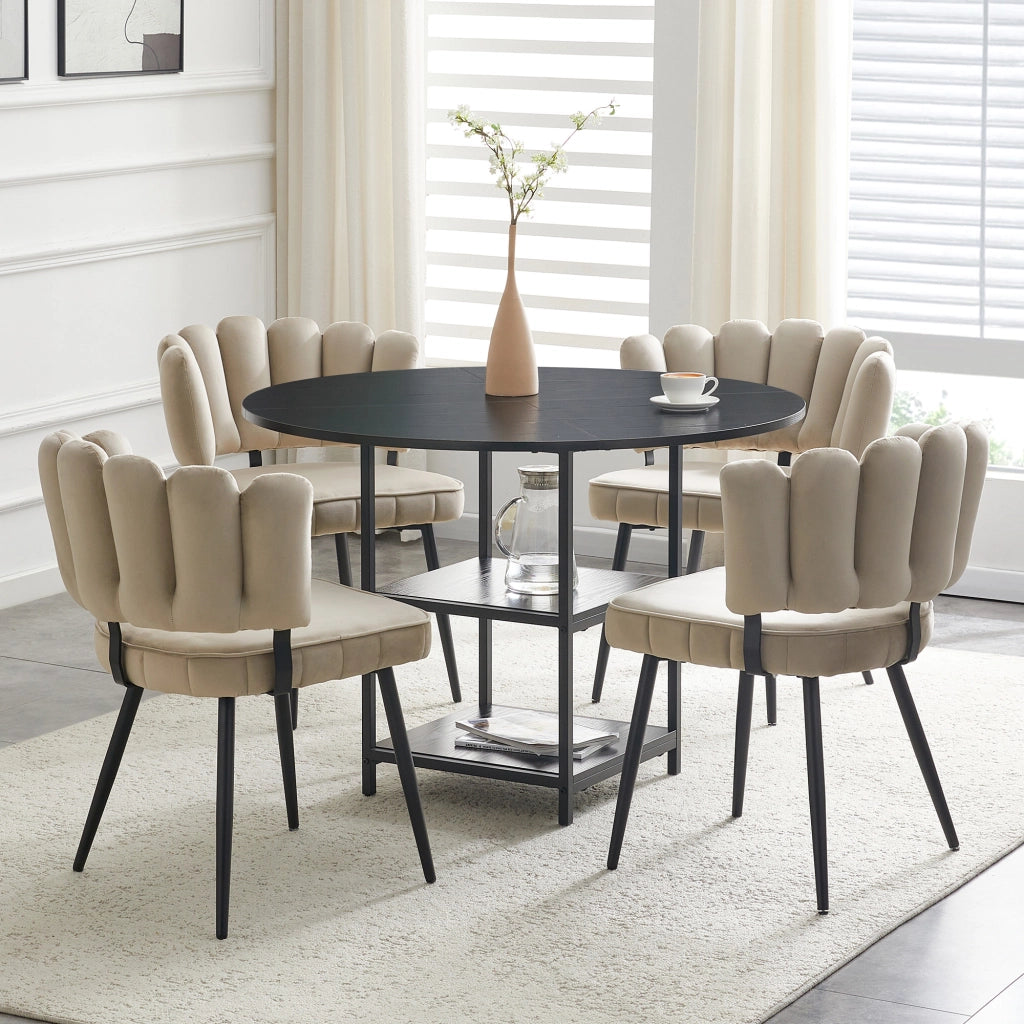 Set tavolo da pranzo e sedie con 1 tavolo rotondo e 4 sedie con ripiani; in tessuto; MDF e metallo; nero e marrone chiaro