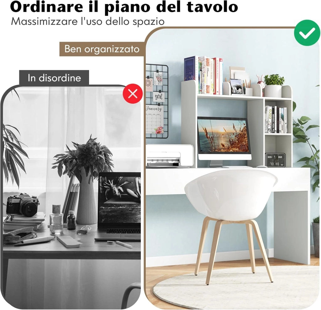Scaffale da Scrivania in Legno, Libreria da Tavolo Salvaspazio con 4 Ripiani e Scomparto Aperto, Scaffale Espositivo per Computer, Casa Ufficio, 94x25x74 cm (Bianco)