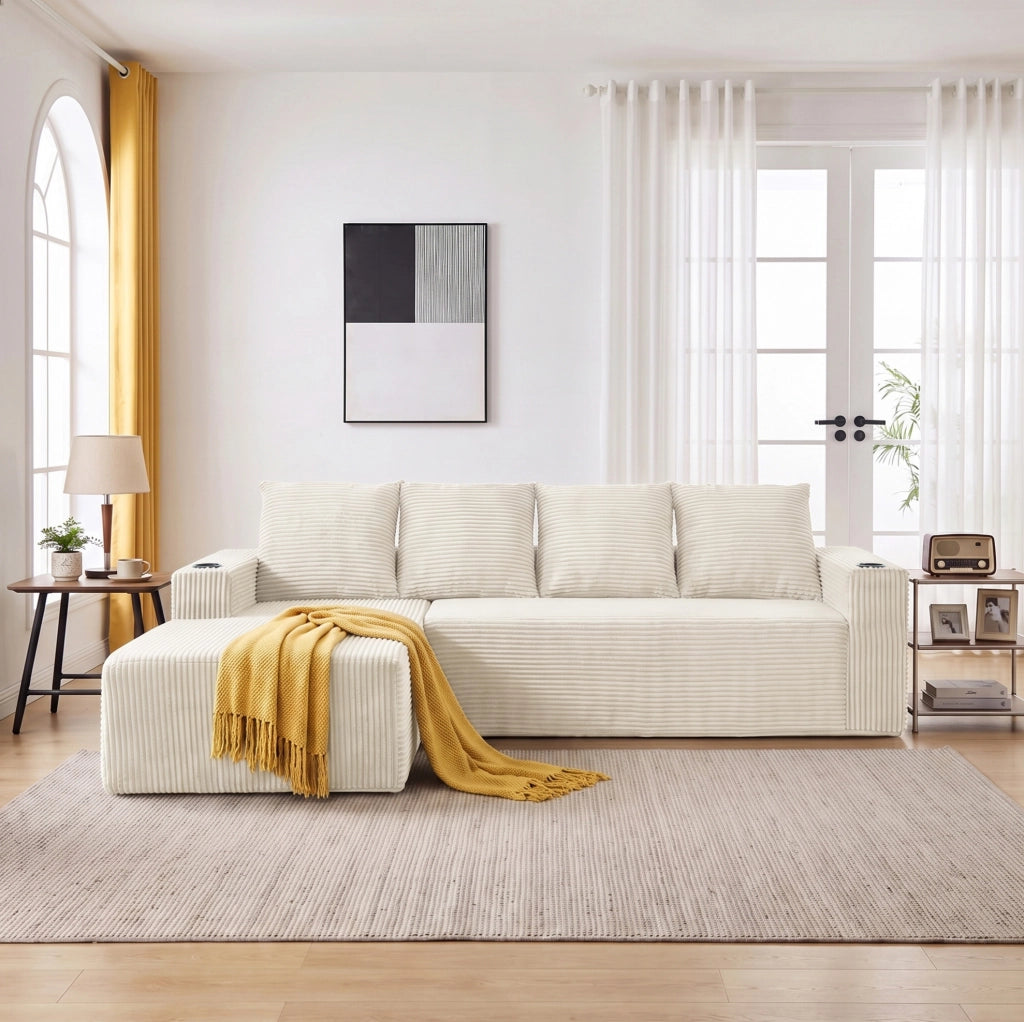Divano modulare a L con chaise longue; portabicchieri e tasche; velluto a coste beige