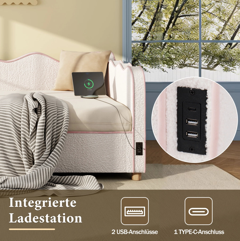 Letto imbottito 90x200 cm con contenitore idraulico; presa USB/Type-C; bouclé beige
