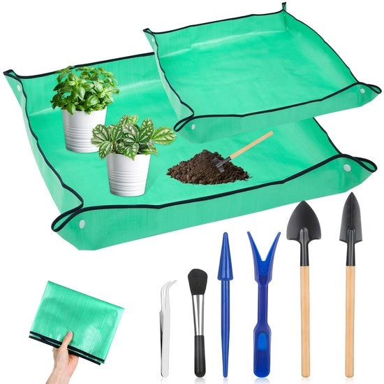 Kit di potatura per giardino, 2-pack di tappeti per piante impermeabili, tappeto per piante pieghevole, vassoio per fiori con 6 set di attrezzi da giardino mini per appassionati di piante, giardinaggio