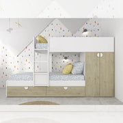 Cameretta con letto a castello con cassettoni e armadio reversibile colore rovere e bianco